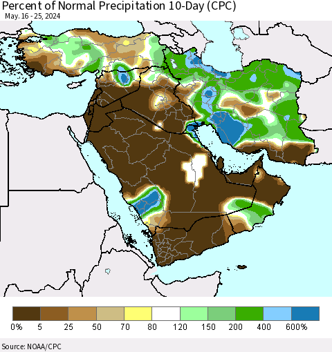 Middle East and Turkey Percent of Normal Precipitation 10-Day (CPC) Thematic Map For 5/16/2024 - 5/25/2024