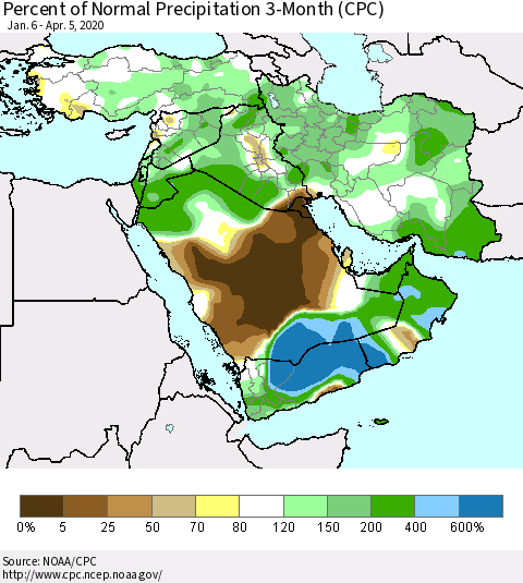 Middle East and Turkey Percent of Normal Precipitation 3-Month (CPC) Thematic Map For 1/6/2020 - 4/5/2020