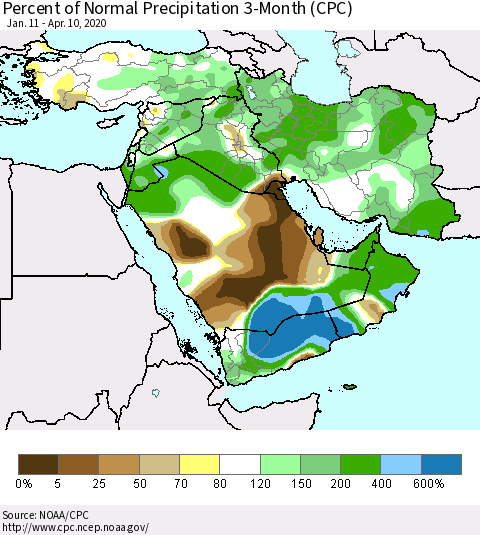 Middle East and Turkey Percent of Normal Precipitation 3-Month (CPC) Thematic Map For 1/11/2020 - 4/10/2020