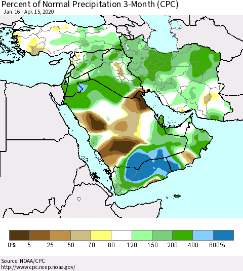 Middle East and Turkey Percent of Normal Precipitation 3-Month (CPC) Thematic Map For 1/16/2020 - 4/15/2020