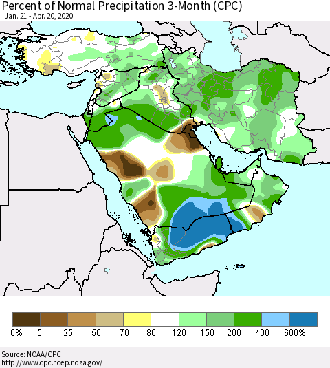 Middle East and Turkey Percent of Normal Precipitation 3-Month (CPC) Thematic Map For 1/21/2020 - 4/20/2020