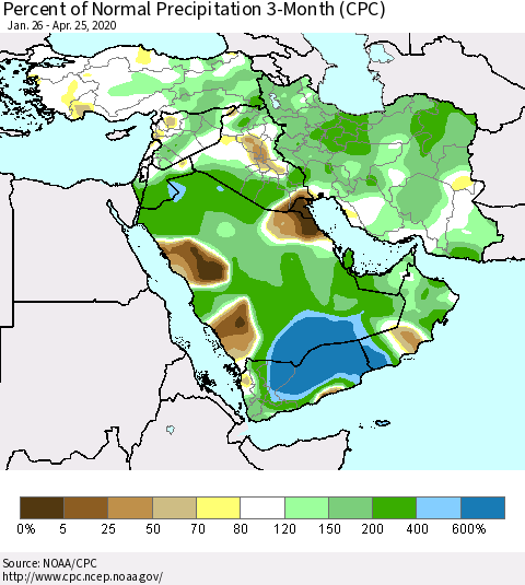 Middle East and Turkey Percent of Normal Precipitation 3-Month (CPC) Thematic Map For 1/26/2020 - 4/25/2020