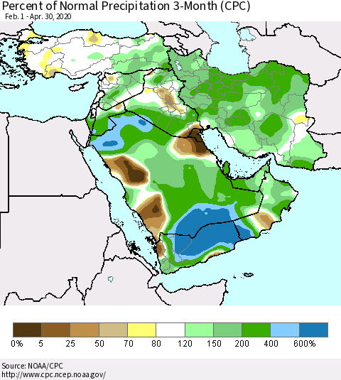 Middle East and Turkey Percent of Normal Precipitation 3-Month (CPC) Thematic Map For 2/1/2020 - 4/30/2020