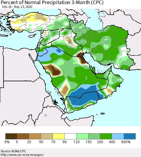 Middle East and Turkey Percent of Normal Precipitation 3-Month (CPC) Thematic Map For 2/16/2020 - 5/15/2020