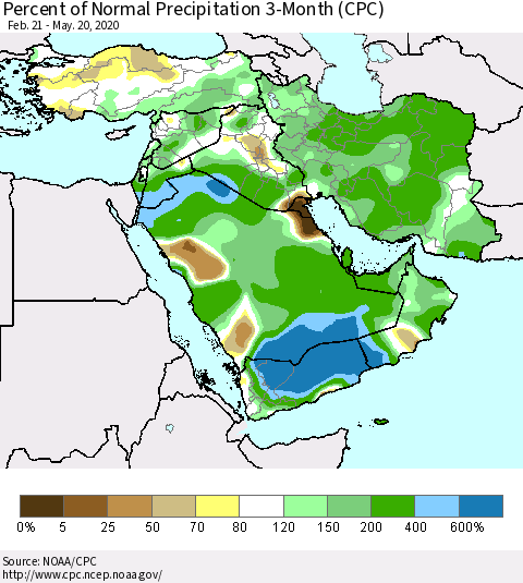 Middle East and Turkey Percent of Normal Precipitation 3-Month (CPC) Thematic Map For 2/21/2020 - 5/20/2020