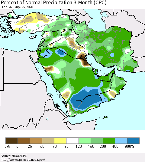 Middle East and Turkey Percent of Normal Precipitation 3-Month (CPC) Thematic Map For 2/26/2020 - 5/25/2020