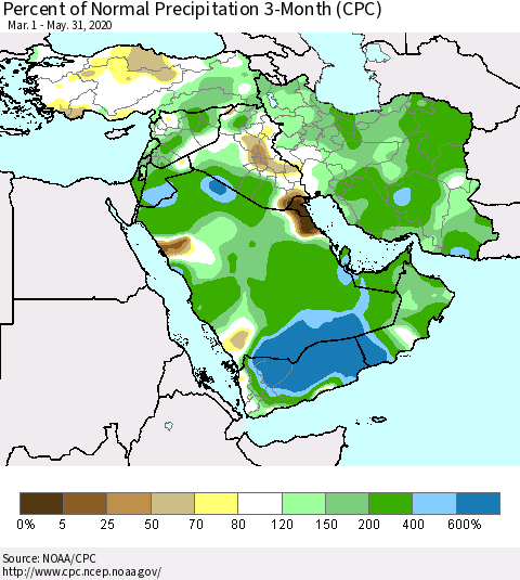 Middle East and Turkey Percent of Normal Precipitation 3-Month (CPC) Thematic Map For 3/1/2020 - 5/31/2020