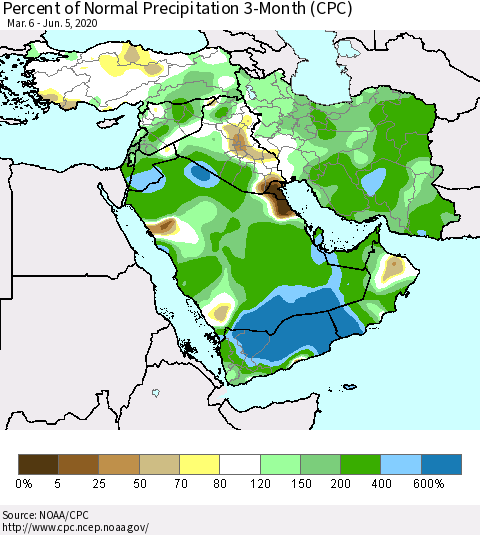 Middle East and Turkey Percent of Normal Precipitation 3-Month (CPC) Thematic Map For 3/6/2020 - 6/5/2020