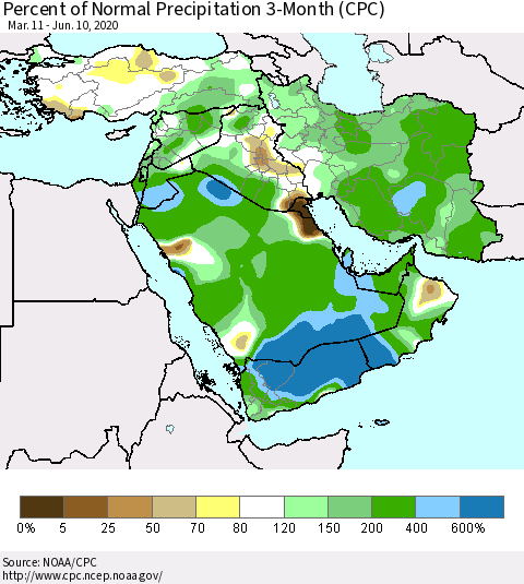 Middle East and Turkey Percent of Normal Precipitation 3-Month (CPC) Thematic Map For 3/11/2020 - 6/10/2020