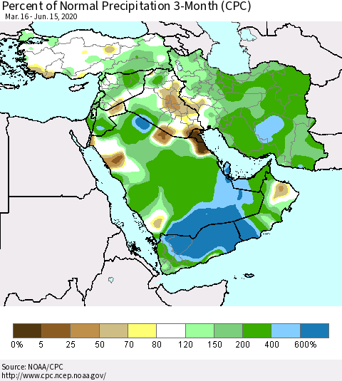 Middle East and Turkey Percent of Normal Precipitation 3-Month (CPC) Thematic Map For 3/16/2020 - 6/15/2020