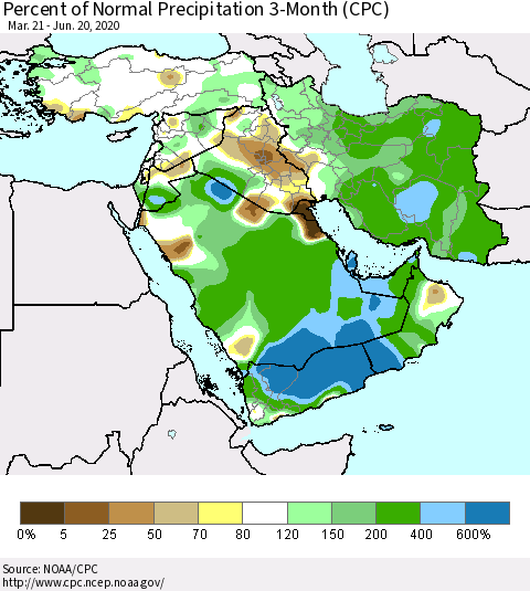 Middle East and Turkey Percent of Normal Precipitation 3-Month (CPC) Thematic Map For 3/21/2020 - 6/20/2020