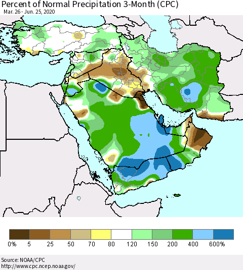 Middle East and Turkey Percent of Normal Precipitation 3-Month (CPC) Thematic Map For 3/26/2020 - 6/25/2020