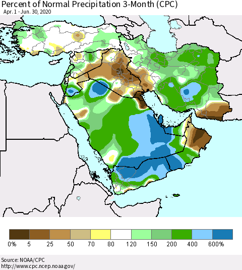 Middle East and Turkey Percent of Normal Precipitation 3-Month (CPC) Thematic Map For 4/1/2020 - 6/30/2020