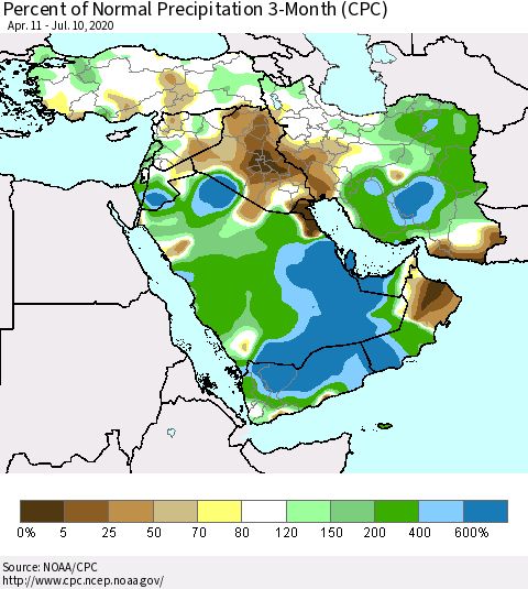Middle East and Turkey Percent of Normal Precipitation 3-Month (CPC) Thematic Map For 4/11/2020 - 7/10/2020