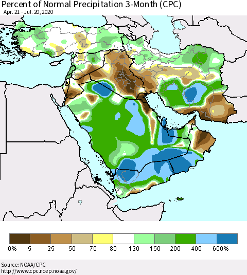 Middle East and Turkey Percent of Normal Precipitation 3-Month (CPC) Thematic Map For 4/21/2020 - 7/20/2020