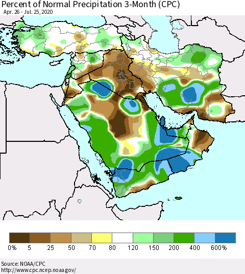 Middle East and Turkey Percent of Normal Precipitation 3-Month (CPC) Thematic Map For 4/26/2020 - 7/25/2020