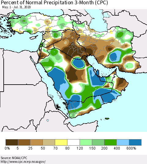 Middle East and Turkey Percent of Normal Precipitation 3-Month (CPC) Thematic Map For 5/1/2020 - 7/31/2020