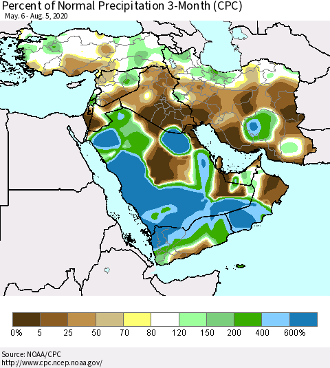 Middle East and Turkey Percent of Normal Precipitation 3-Month (CPC) Thematic Map For 5/6/2020 - 8/5/2020