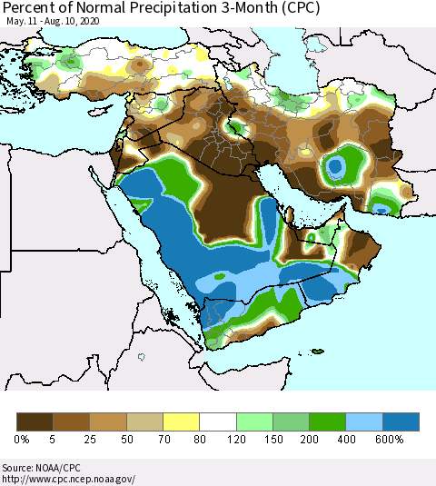 Middle East and Turkey Percent of Normal Precipitation 3-Month (CPC) Thematic Map For 5/11/2020 - 8/10/2020