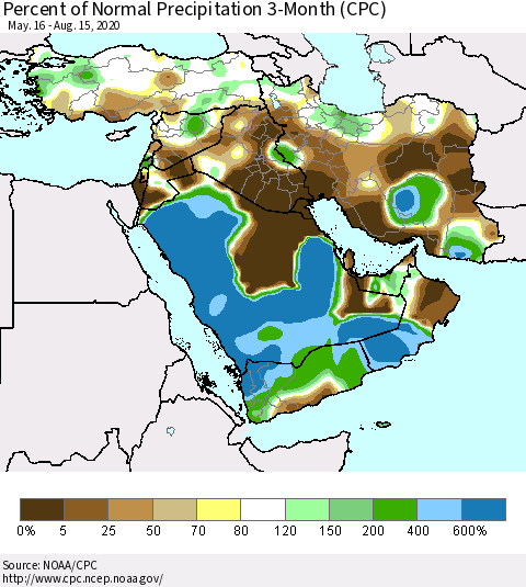 Middle East and Turkey Percent of Normal Precipitation 3-Month (CPC) Thematic Map For 5/16/2020 - 8/15/2020