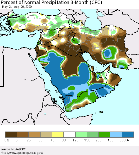 Middle East and Turkey Percent of Normal Precipitation 3-Month (CPC) Thematic Map For 5/21/2020 - 8/20/2020