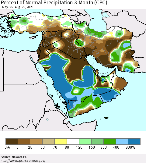 Middle East and Turkey Percent of Normal Precipitation 3-Month (CPC) Thematic Map For 5/26/2020 - 8/25/2020