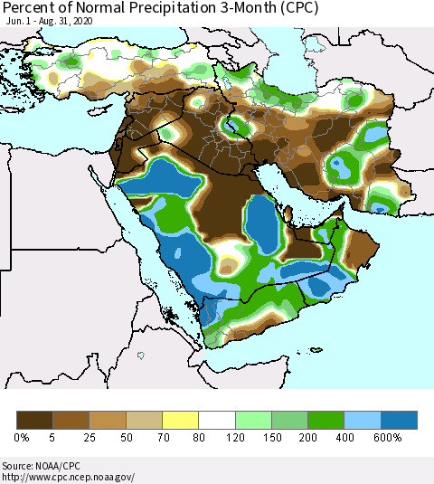 Middle East and Turkey Percent of Normal Precipitation 3-Month (CPC) Thematic Map For 6/1/2020 - 8/31/2020