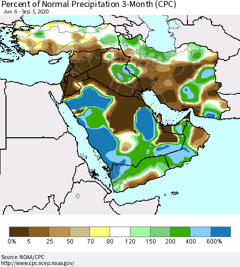 Middle East and Turkey Percent of Normal Precipitation 3-Month (CPC) Thematic Map For 6/6/2020 - 9/5/2020