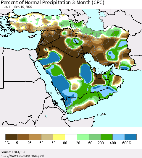 Middle East and Turkey Percent of Normal Precipitation 3-Month (CPC) Thematic Map For 6/11/2020 - 9/10/2020
