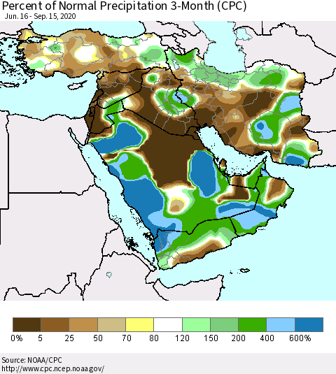 Middle East and Turkey Percent of Normal Precipitation 3-Month (CPC) Thematic Map For 6/16/2020 - 9/15/2020
