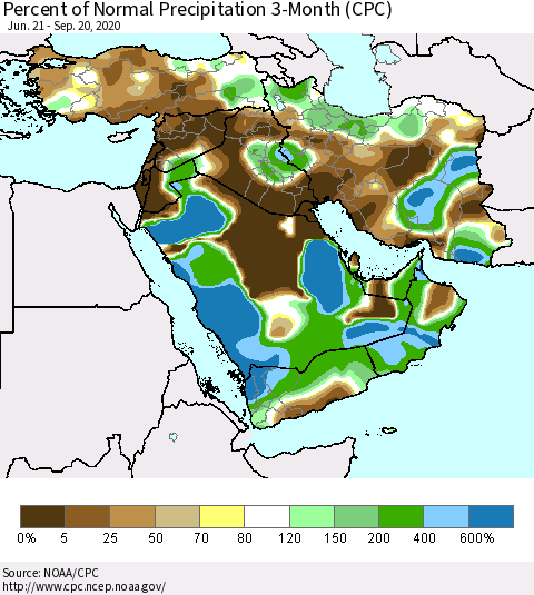Middle East and Turkey Percent of Normal Precipitation 3-Month (CPC) Thematic Map For 6/21/2020 - 9/20/2020