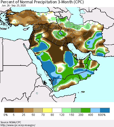 Middle East and Turkey Percent of Normal Precipitation 3-Month (CPC) Thematic Map For 6/26/2020 - 9/25/2020