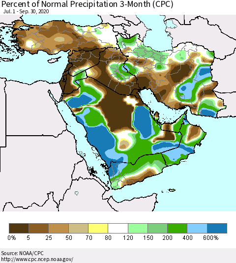 Middle East and Turkey Percent of Normal Precipitation 3-Month (CPC) Thematic Map For 7/1/2020 - 9/30/2020