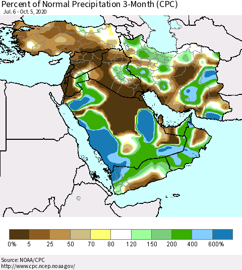Middle East and Turkey Percent of Normal Precipitation 3-Month (CPC) Thematic Map For 7/6/2020 - 10/5/2020
