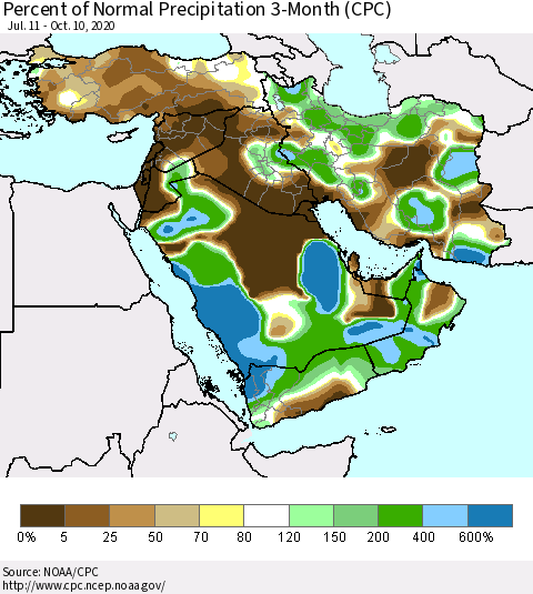 Middle East and Turkey Percent of Normal Precipitation 3-Month (CPC) Thematic Map For 7/11/2020 - 10/10/2020