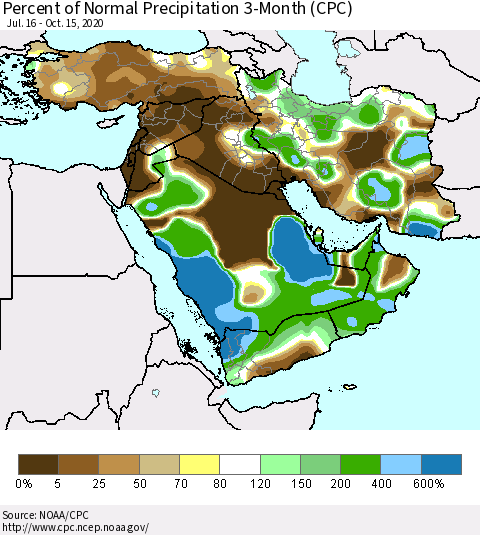 Middle East and Turkey Percent of Normal Precipitation 3-Month (CPC) Thematic Map For 7/16/2020 - 10/15/2020