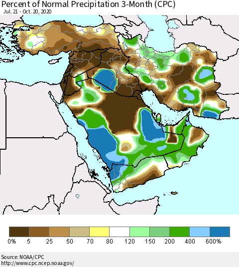 Middle East and Turkey Percent of Normal Precipitation 3-Month (CPC) Thematic Map For 7/21/2020 - 10/20/2020