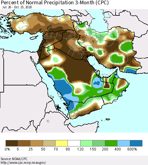 Middle East and Turkey Percent of Normal Precipitation 3-Month (CPC) Thematic Map For 7/26/2020 - 10/25/2020