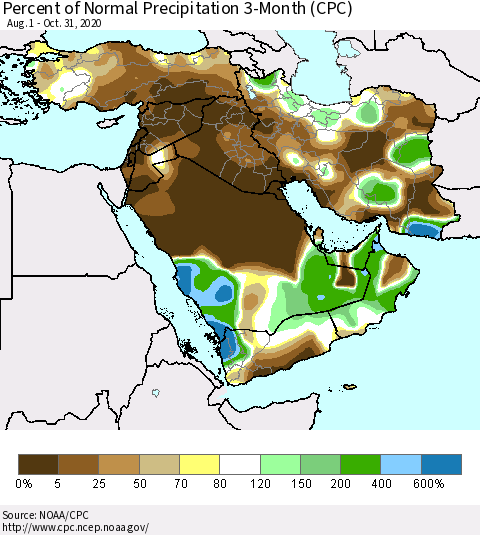 Middle East and Turkey Percent of Normal Precipitation 3-Month (CPC) Thematic Map For 8/1/2020 - 10/31/2020