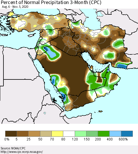 Middle East and Turkey Percent of Normal Precipitation 3-Month (CPC) Thematic Map For 8/6/2020 - 11/5/2020