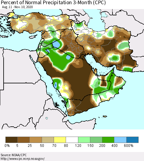 Middle East and Turkey Percent of Normal Precipitation 3-Month (CPC) Thematic Map For 8/11/2020 - 11/10/2020