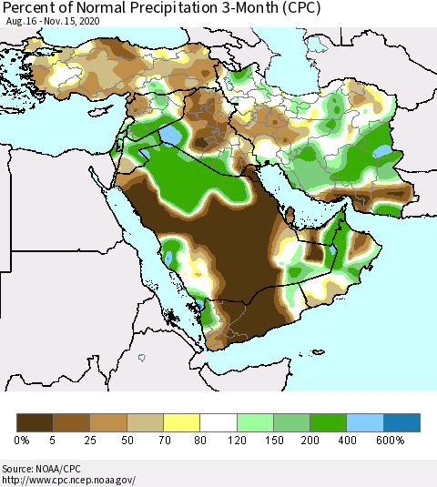 Middle East and Turkey Percent of Normal Precipitation 3-Month (CPC) Thematic Map For 8/16/2020 - 11/15/2020