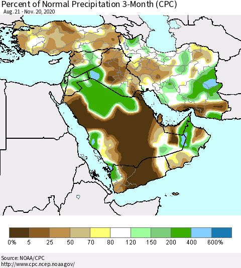Middle East and Turkey Percent of Normal Precipitation 3-Month (CPC) Thematic Map For 8/21/2020 - 11/20/2020