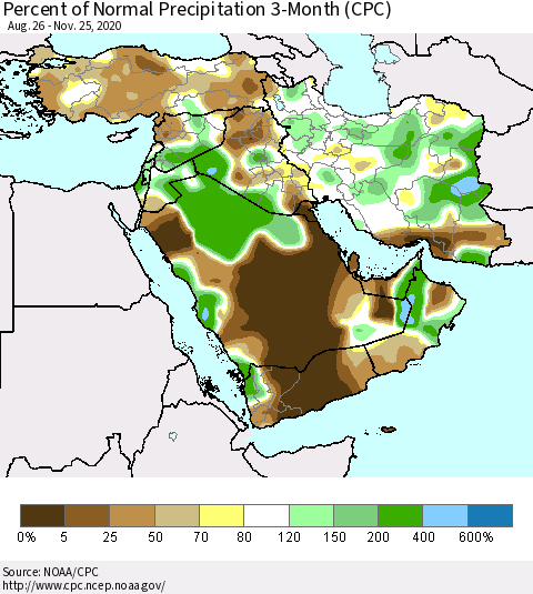 Middle East and Turkey Percent of Normal Precipitation 3-Month (CPC) Thematic Map For 8/26/2020 - 11/25/2020