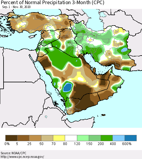 Middle East and Turkey Percent of Normal Precipitation 3-Month (CPC) Thematic Map For 9/1/2020 - 11/30/2020