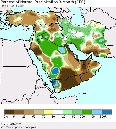 Middle East and Turkey Percent of Normal Precipitation 3-Month (CPC) Thematic Map For 9/6/2020 - 12/5/2020