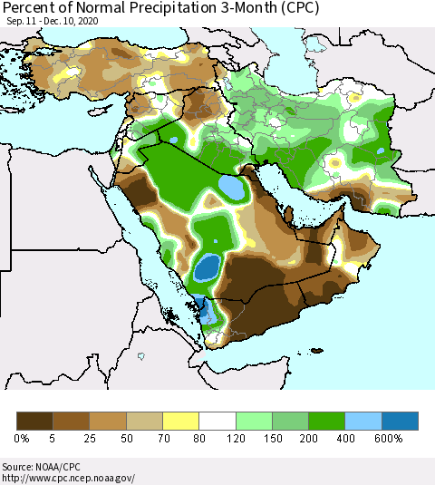 Middle East and Turkey Percent of Normal Precipitation 3-Month (CPC) Thematic Map For 9/11/2020 - 12/10/2020