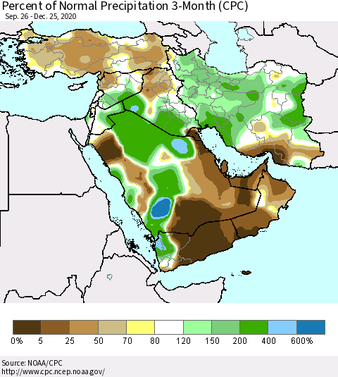 Middle East and Turkey Percent of Normal Precipitation 3-Month (CPC) Thematic Map For 9/26/2020 - 12/25/2020