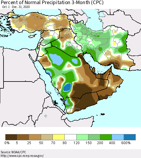 Middle East and Turkey Percent of Normal Precipitation 3-Month (CPC) Thematic Map For 10/1/2020 - 12/31/2020