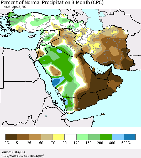Middle East and Turkey Percent of Normal Precipitation 3-Month (CPC) Thematic Map For 1/6/2021 - 4/5/2021